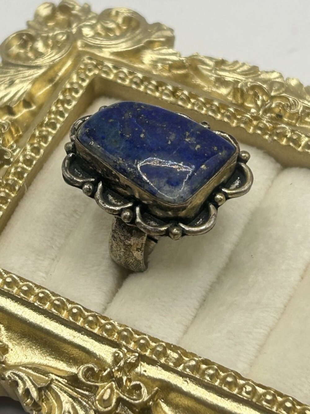 Vintage Lapis Lazuli Adjustable Ring Blue Stone Boho Statement Silver Tone Big - Picture 11 of 16